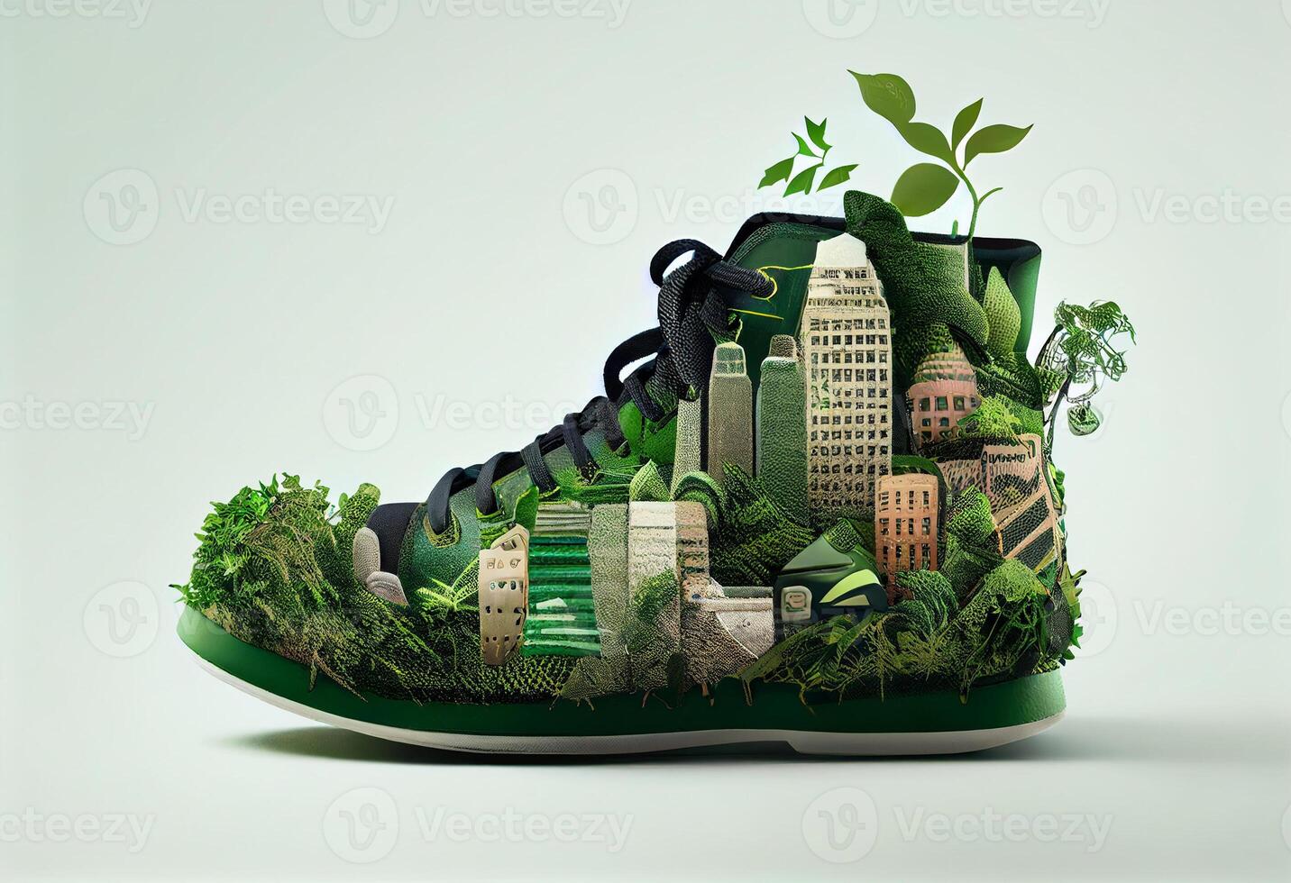 Shoe with greenery and city , Carbon Footprint concept. . photo