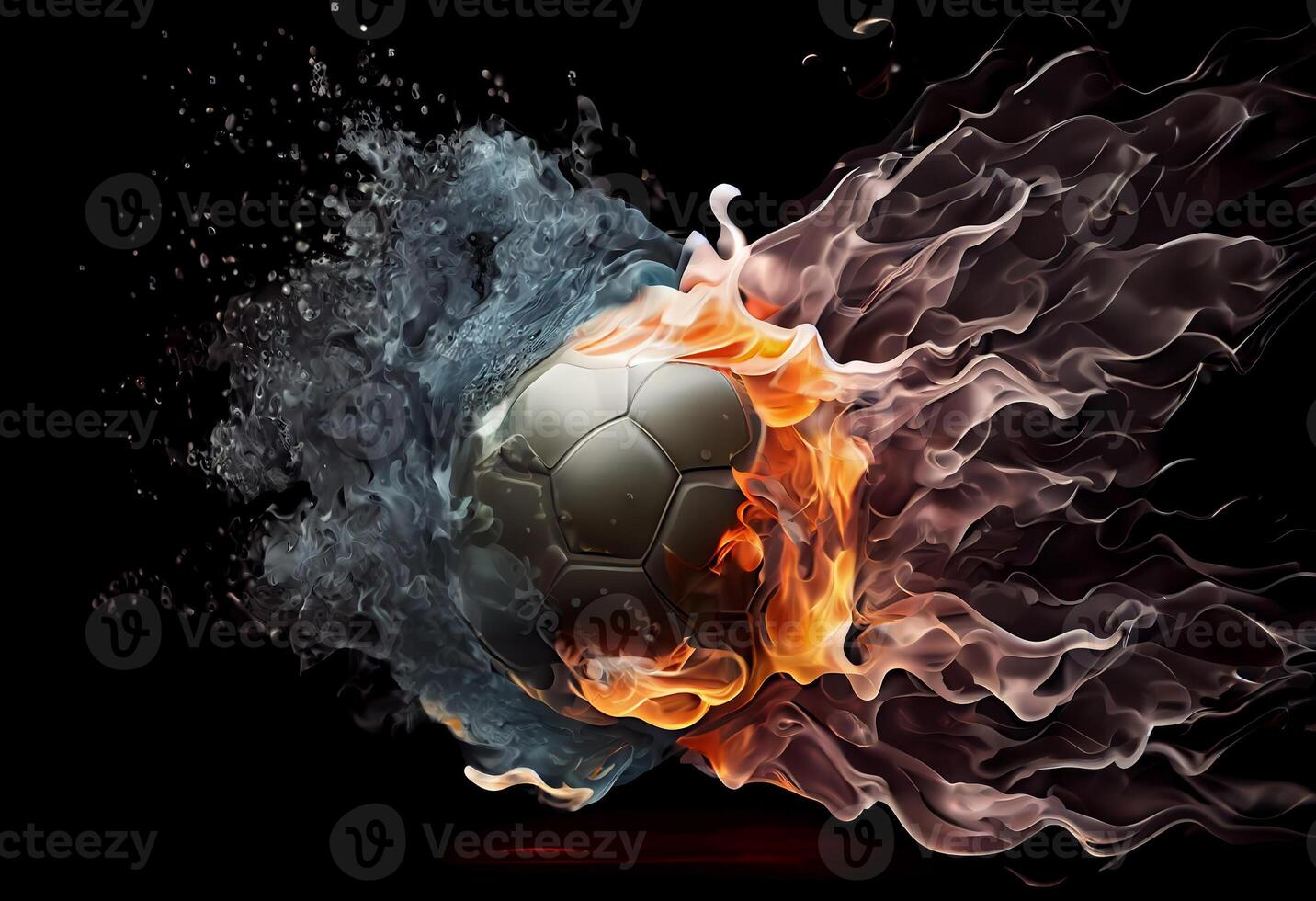Soccer ball in fire and water. Illustration of the soccer ball enveloped in elements on black background. . photo