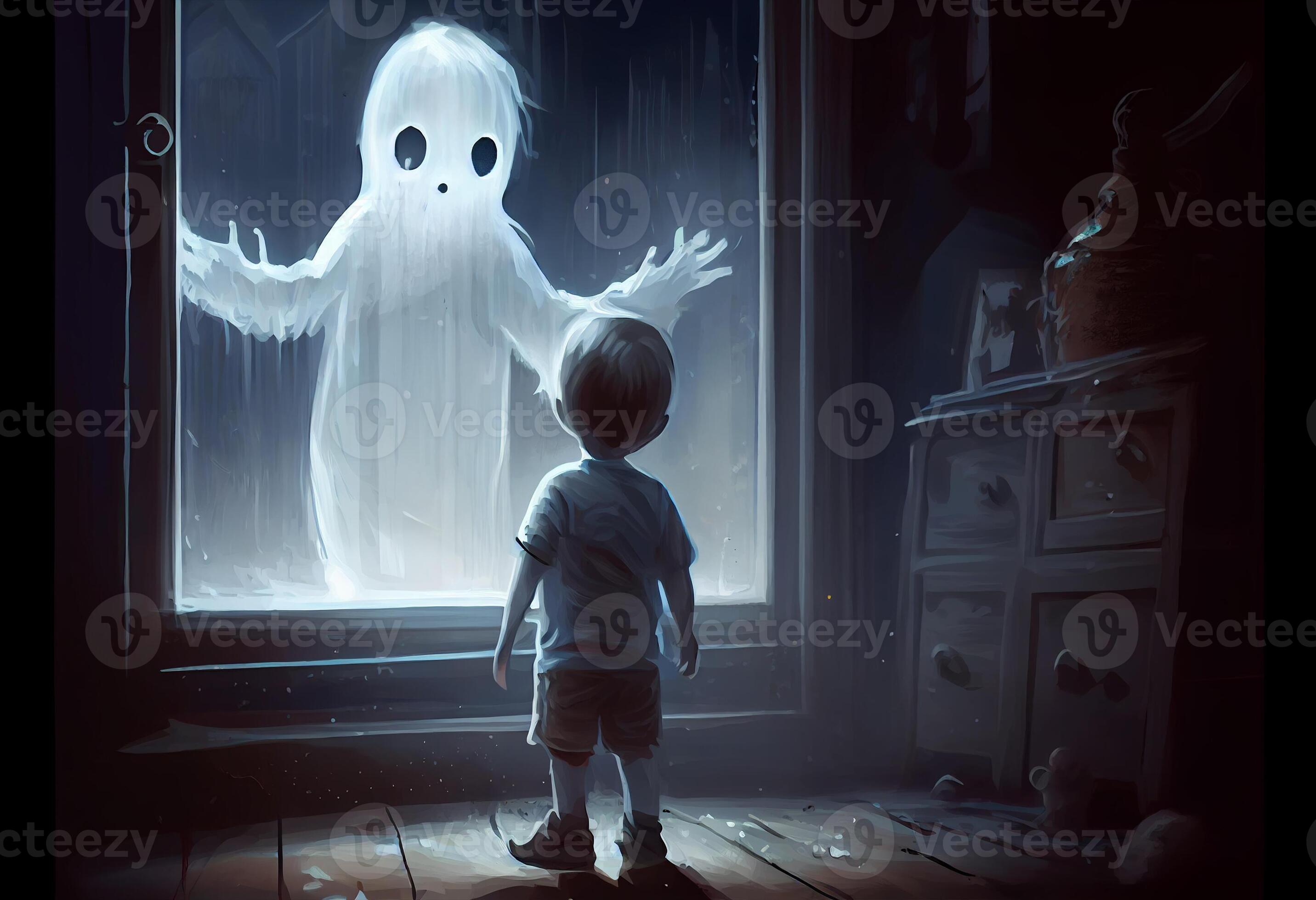 The child scaring to see the ghost, digital art style, illustration