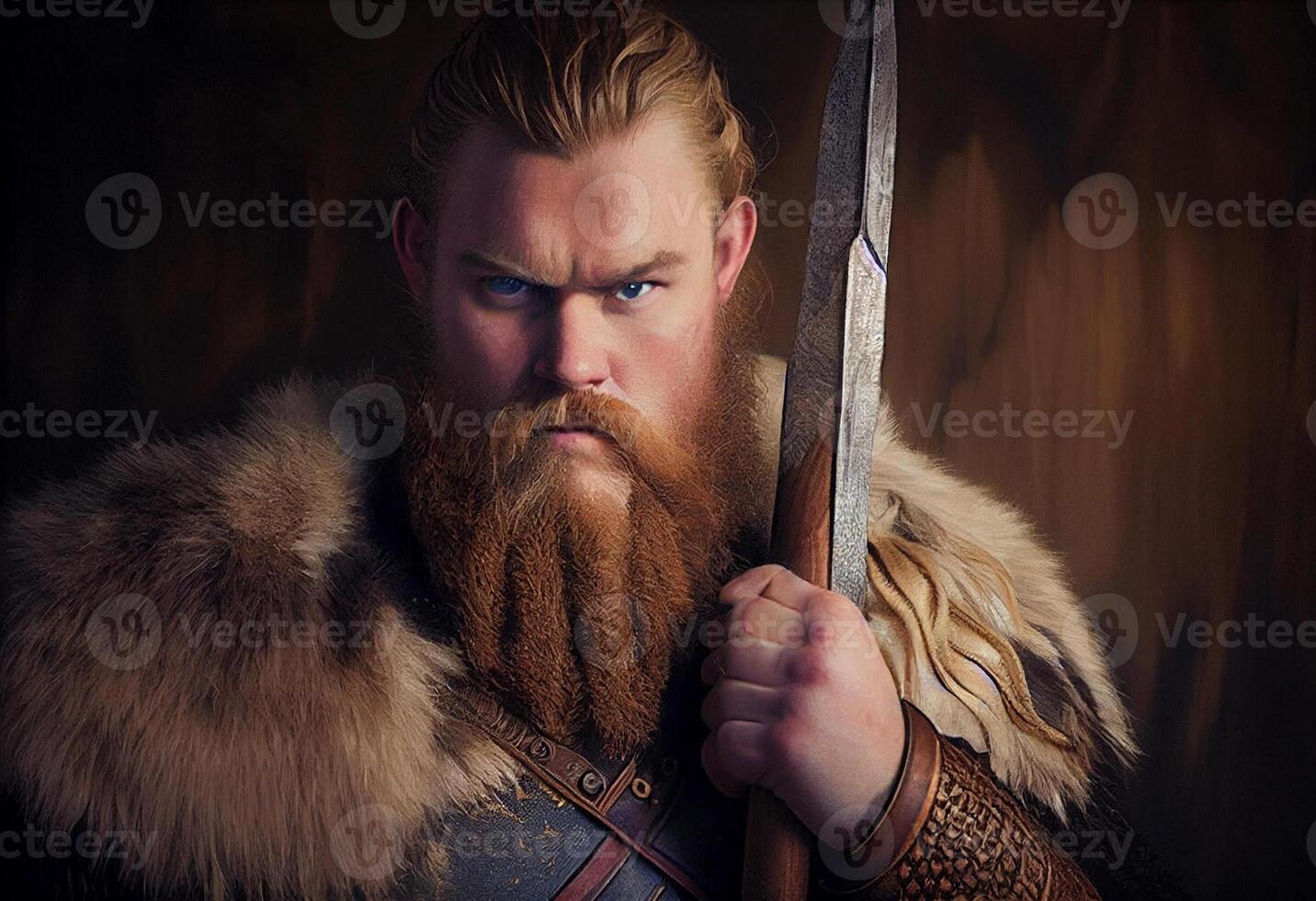 The Viking stood tall and proud, his muscles taut beneath his fur-lined tunic. . photo