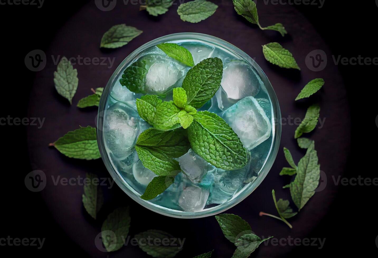 Top view of refreshing mint cocktail mojito. . photo