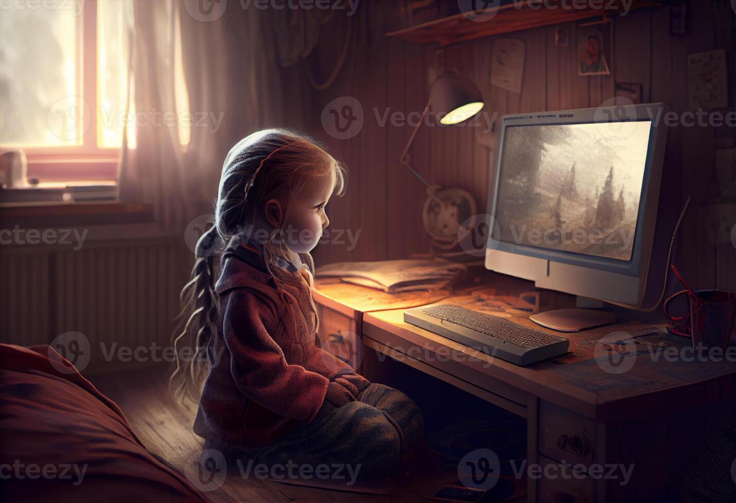 Little girl siting in his room, using a computer. . photo