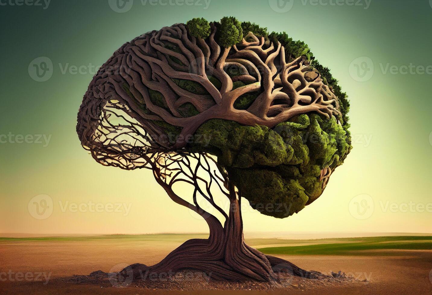 Tree in the shape of brain thinks and childrens to environmental solution. . photo