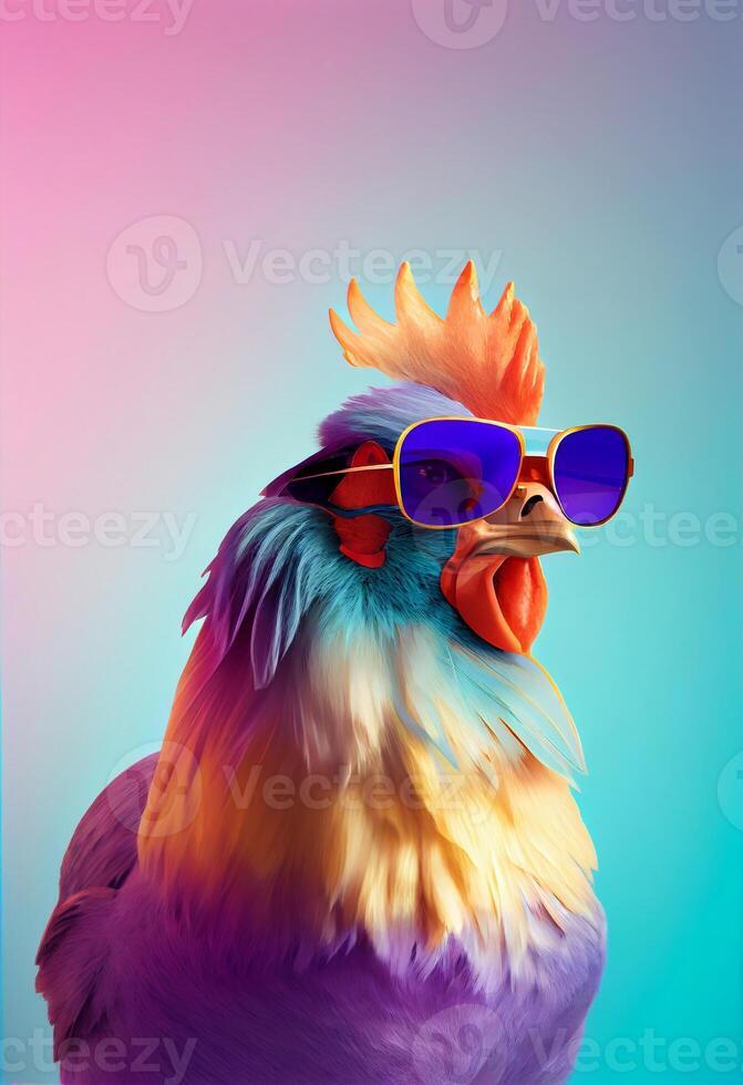 Creative animal composition. Chicken wearing shades sunglass eyeglass isolated. Pastel gradient background. With text copy space. photo