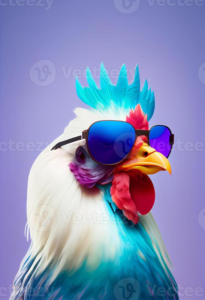 creativo animal composición. pollo vistiendo sombras gafas de sol lente aislado. pastel degradado antecedentes. con texto Copiar espacio. ai generado foto