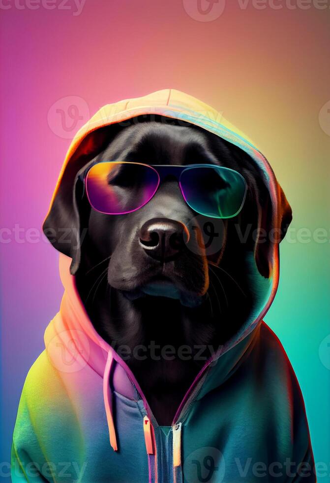 creativo animal composición. negro Labrador en Rasgado sudadera, vistiendo sombras gafas de sol lente aislado. pastel degradado antecedentes. con texto Copiar espacio. ai generado foto