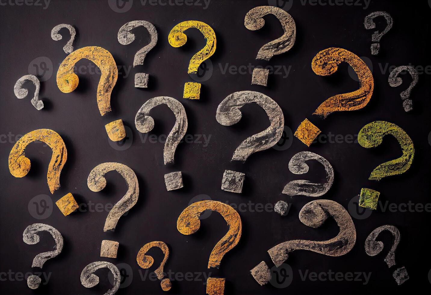 Question marks chalk drawing on blackboard background . . photo