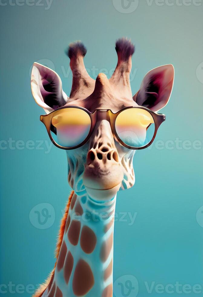 creativo animal composición. jirafa vistiendo sombras gafas de sol lente aislado. pastel degradado antecedentes. con texto Copiar espacio . ai generado foto