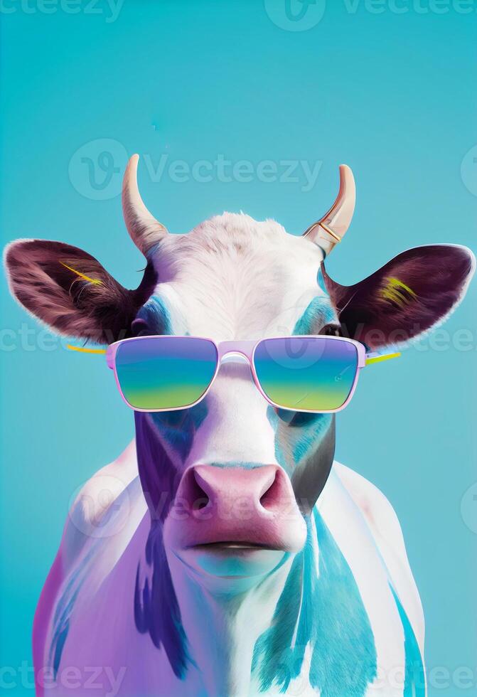 Creative animal composition. Cow wearing shades sunglass eyeglass isolated. Pastel gradient background. With text copy space. photo