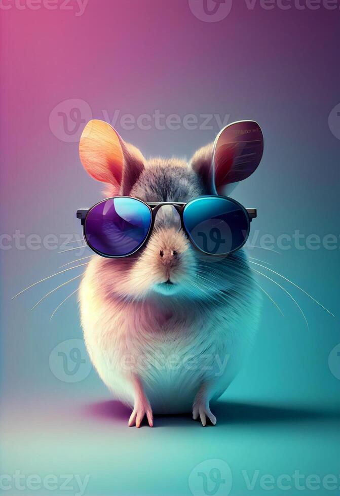 Creative animal composition. Mouse wearing shades sunglass eyeglass isolated. Pastel gradient background. With text copy space. photo