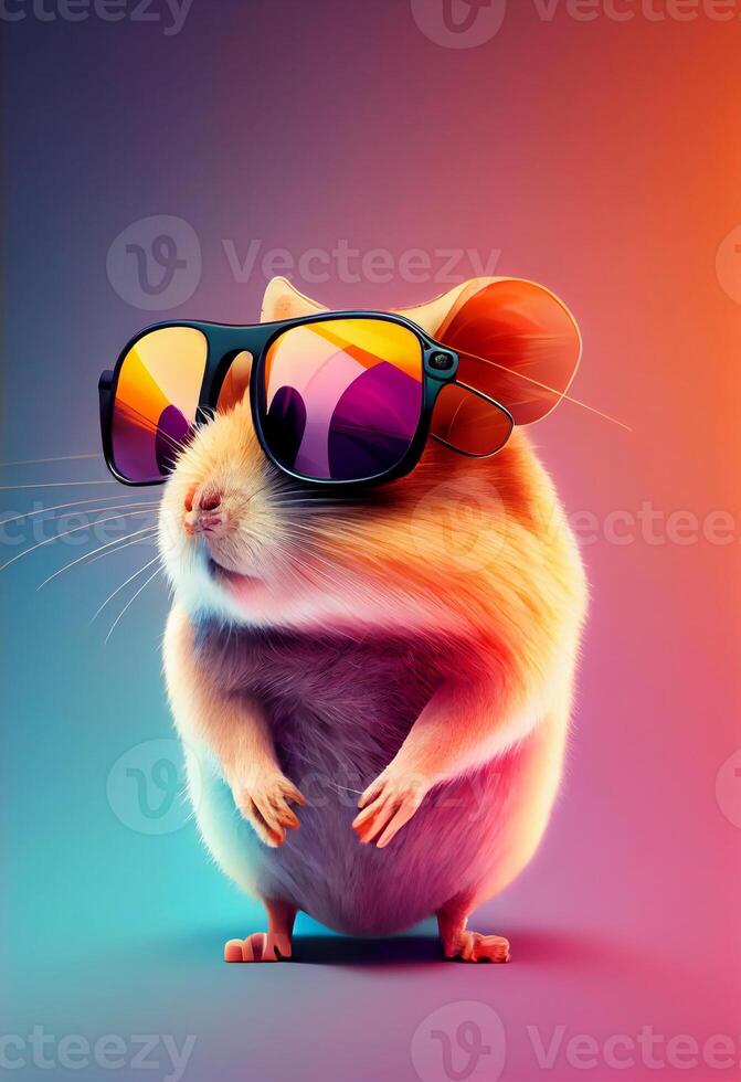 Creative animal composition. Mouse wearing shades sunglass eyeglass isolated. Pastel gradient background. With text copy space. photo
