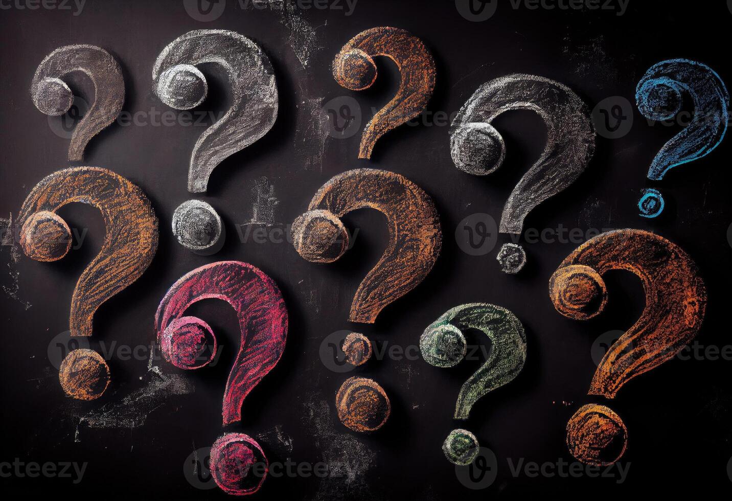 Question marks chalk drawing on blackboard background . . photo
