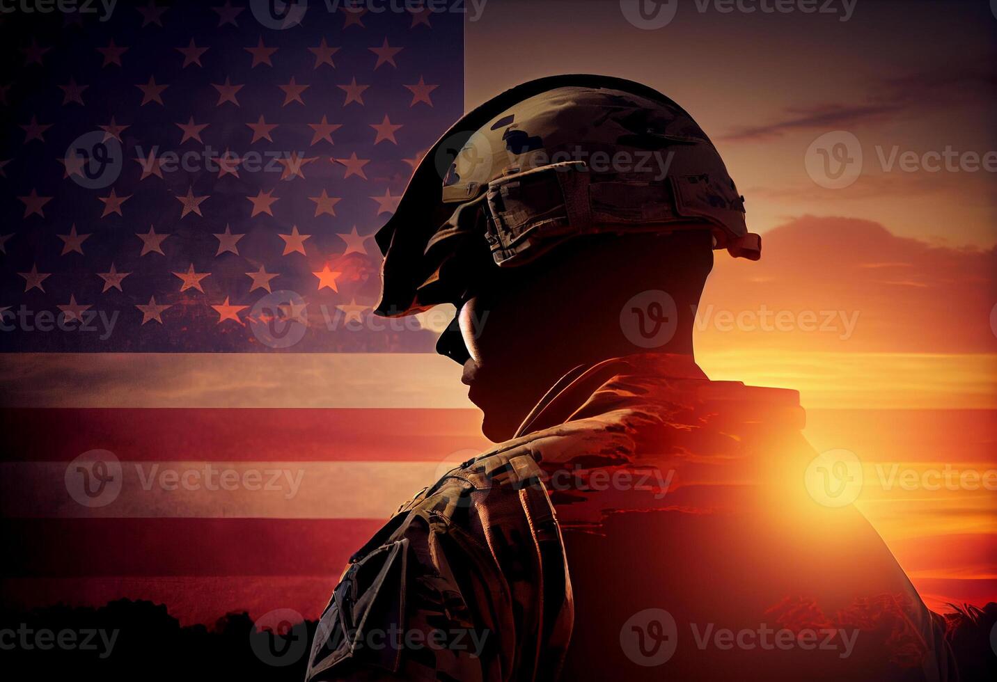 USA army soldiers saluting on a background of sunset or sunrise and USA flag. . photo