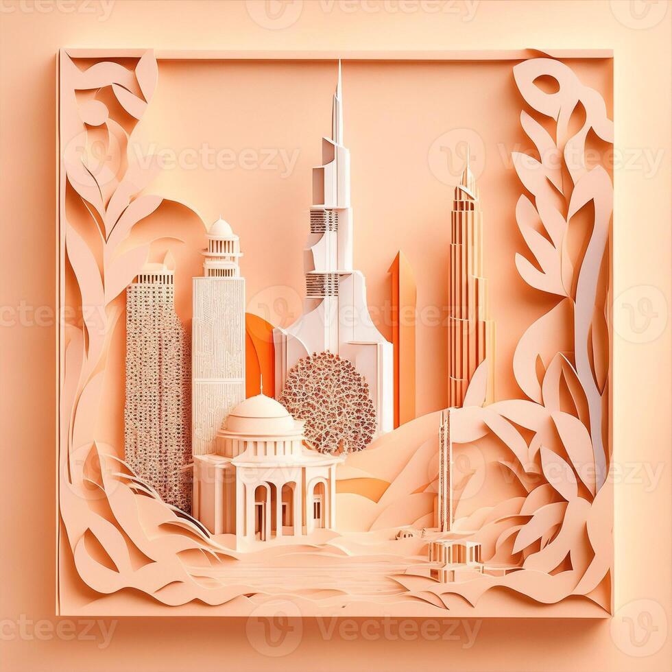 un intrincado papel Arte estilo ilustración de un Dubái, solamente burj califa. ai generado foto