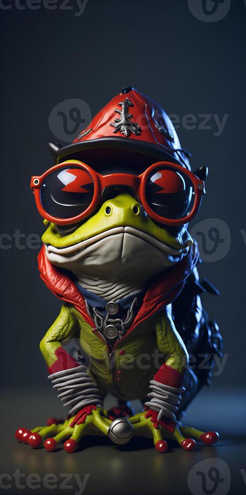 Anthropomorphic cute and adorable charming smiling pirate frog wearing glasses. . photo