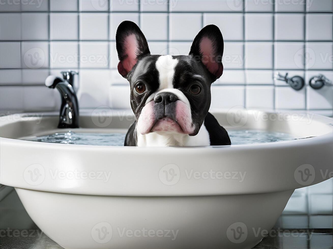 A boston terrier bathing in a sink. AI Generated 25472578 Stock Photo