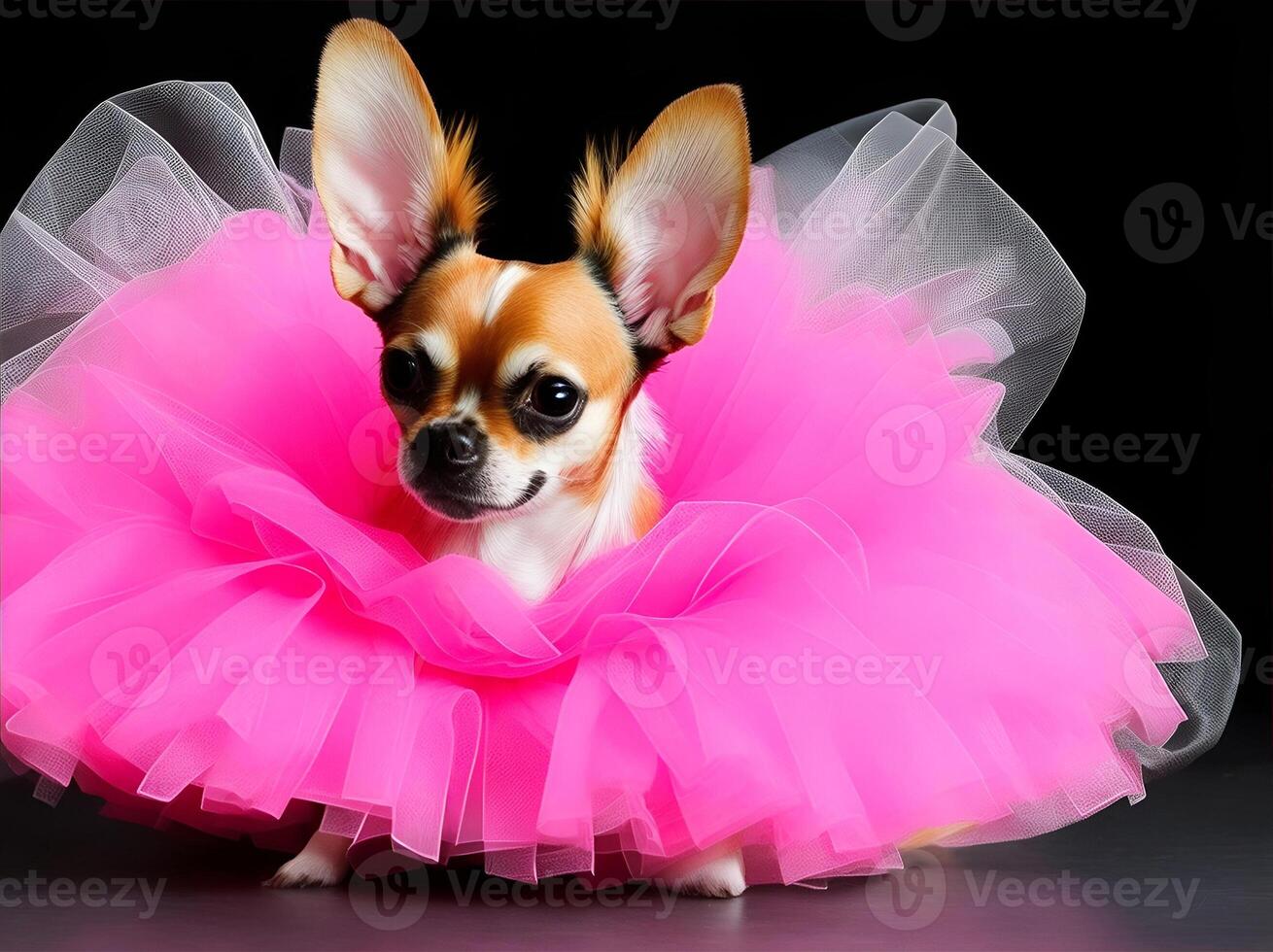 A chihuahua sitting in a tutu. photo