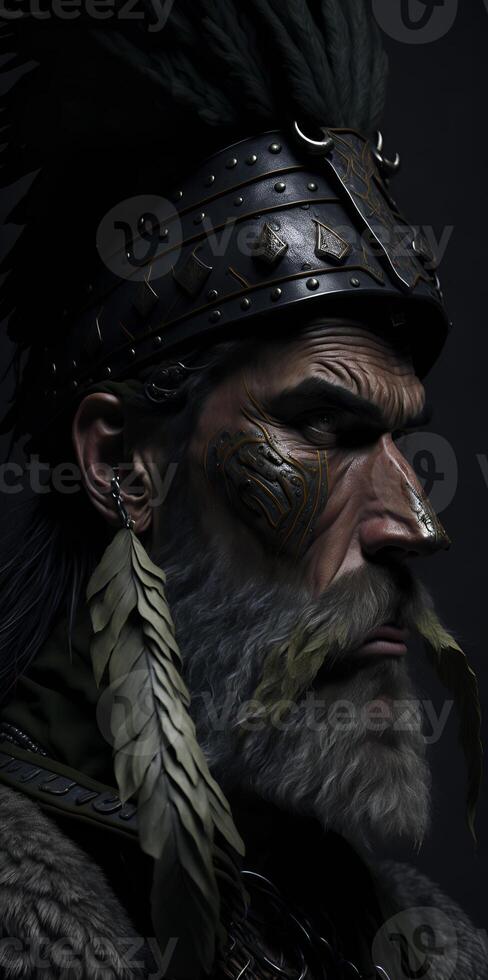 A Viking warrior, semi-profile, wrinkled face, bright brown eyes. . photo