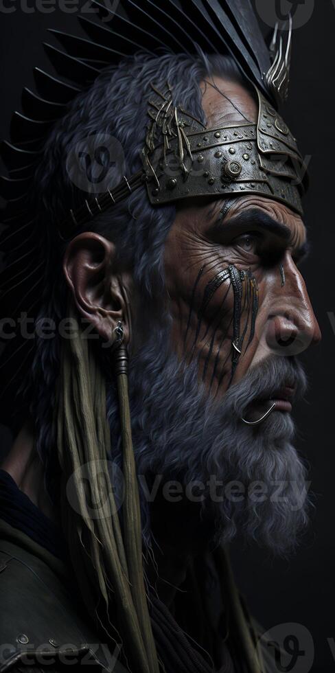 un vikingo guerrero, semiperfil, arrugado rostro, brillante marrón ojos. ai generado. foto