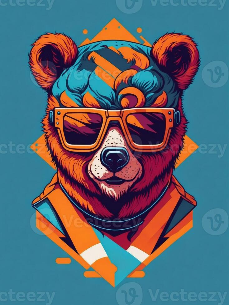 artwork of tshirt graphic design flat design of one bear in sunglasses. photo