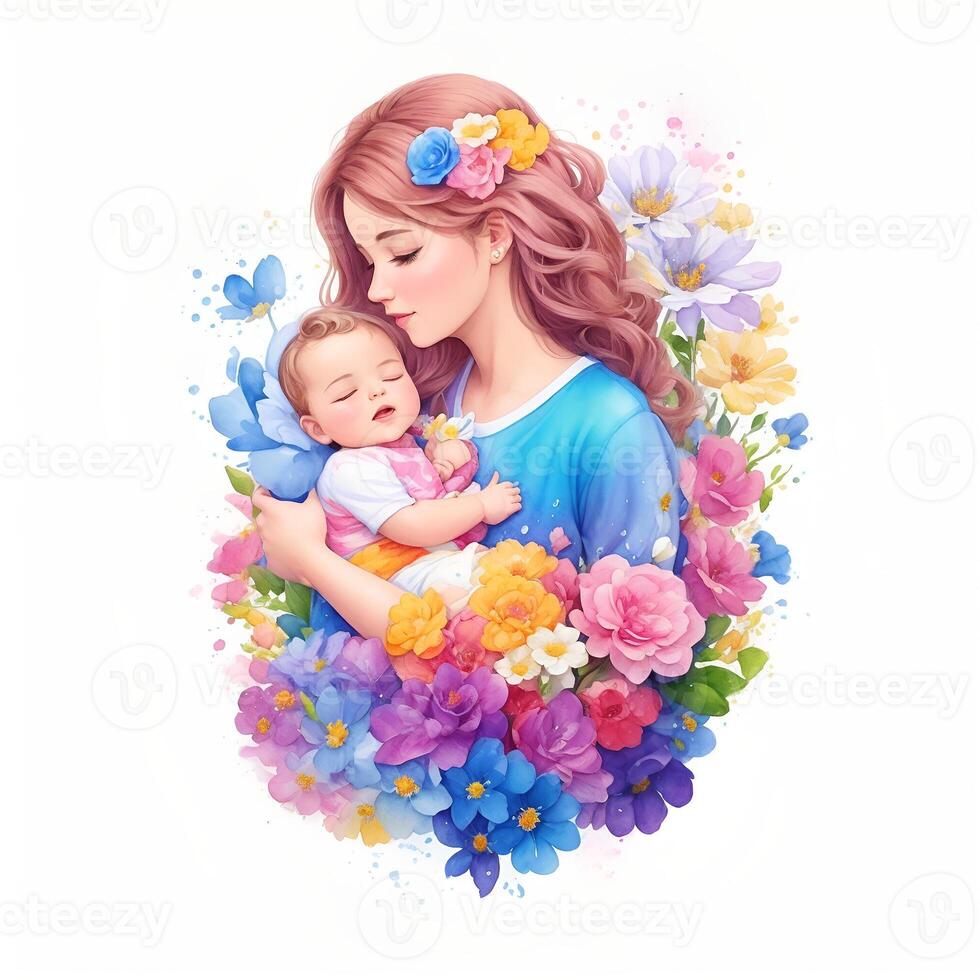 Detailed illustration of mother holding baby. . photo