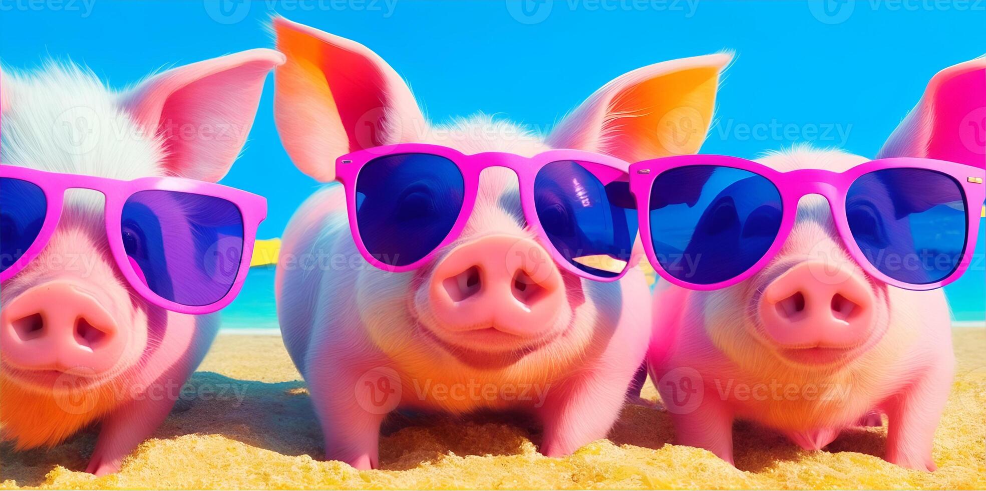 Image of pigs wearing colorful sunglasses. photo