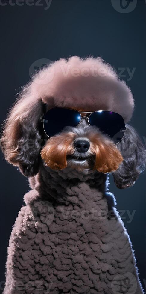 Poodle with sunglasses on dark background. photo