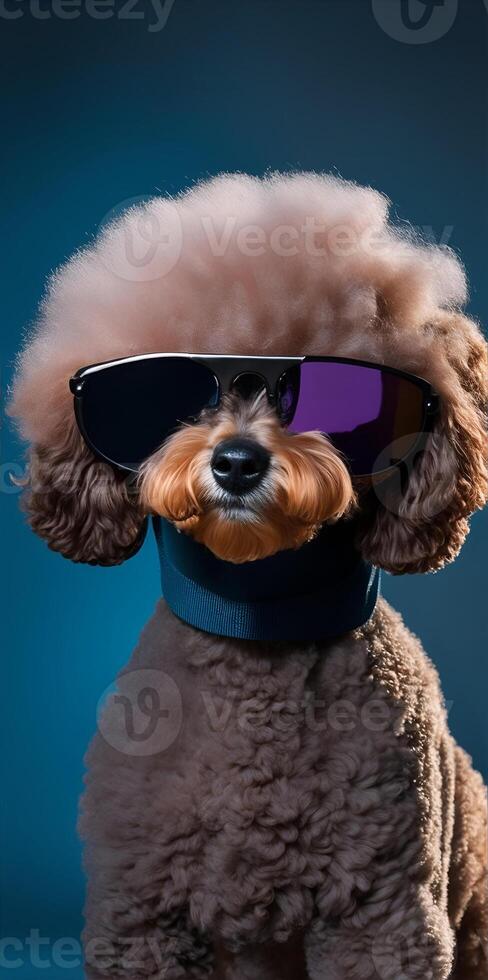 Poodle with sunglasses on dark background. photo