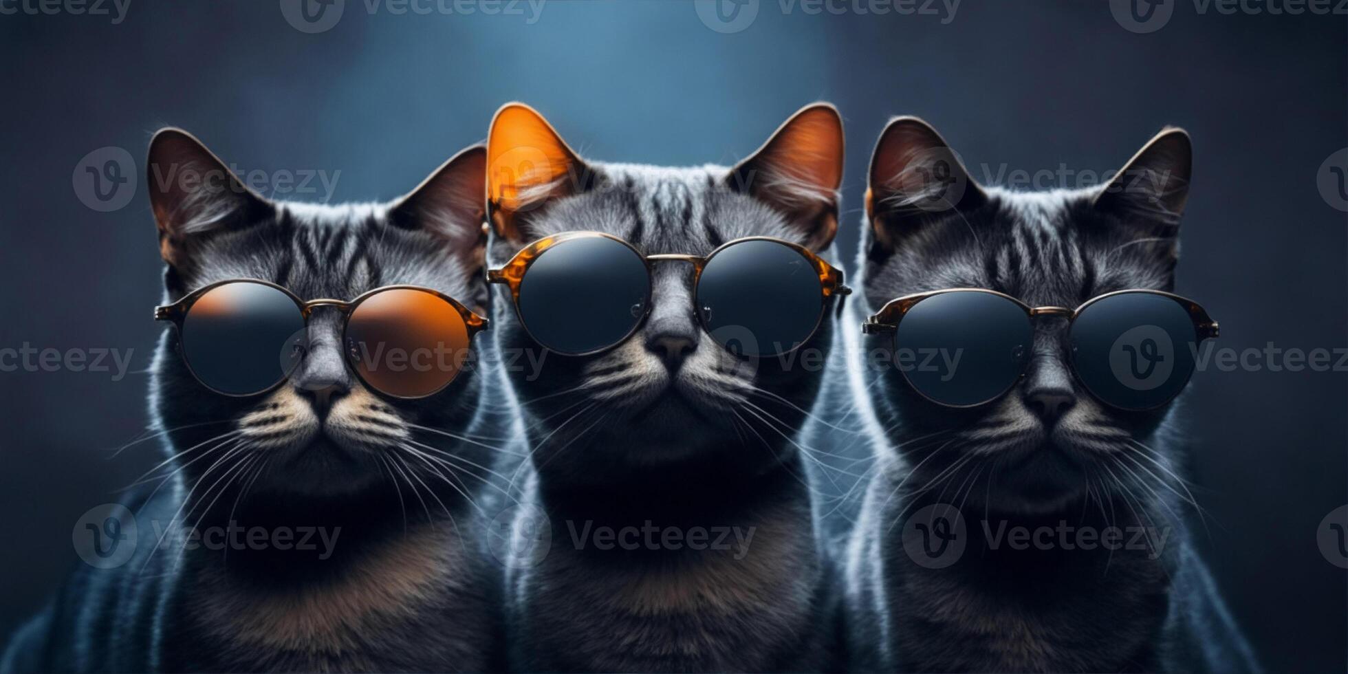 Three cats with sunglasses on dark background. photo