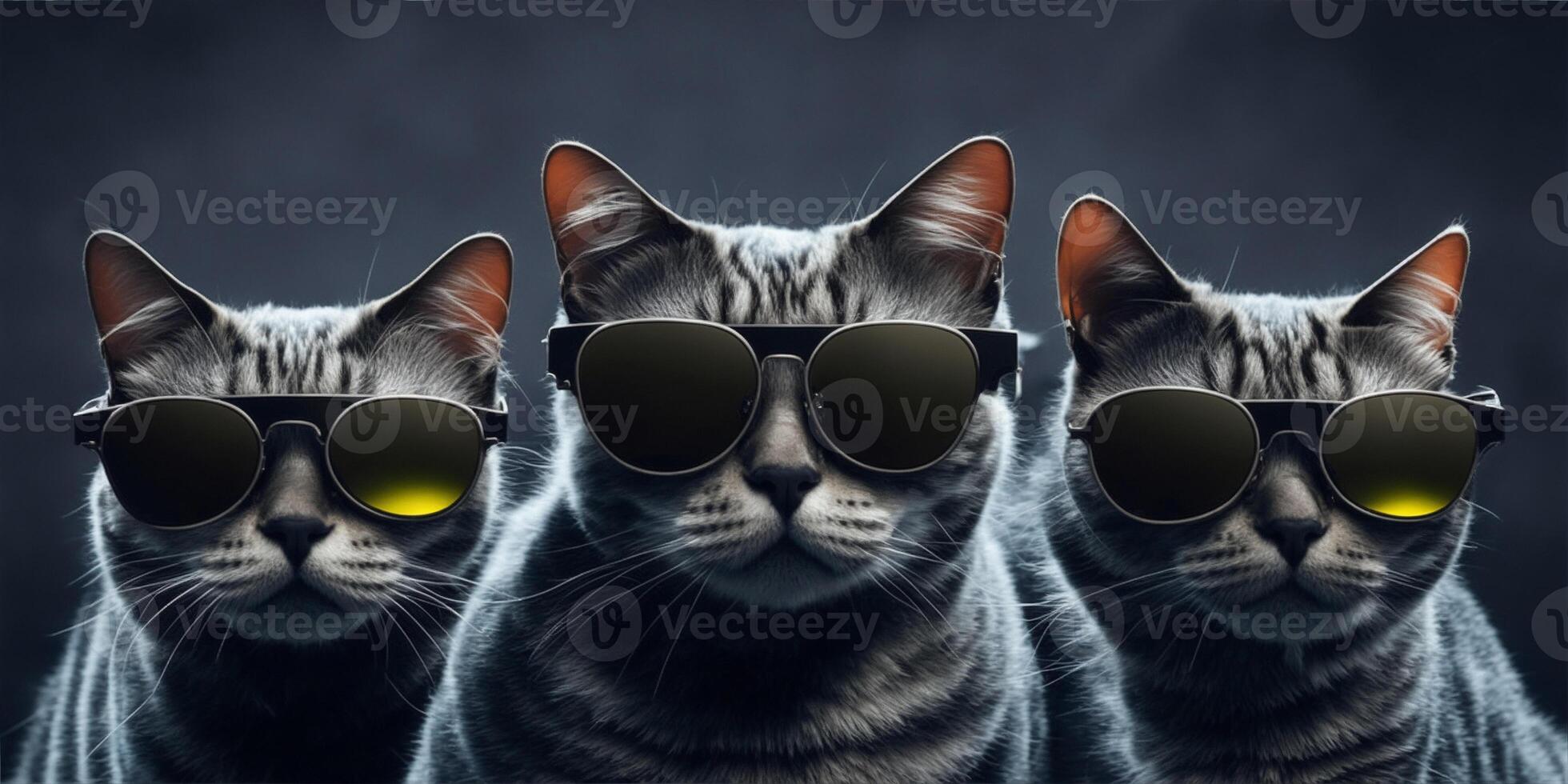 Tres gatos con Gafas de sol en oscuro antecedentes. ai generado foto