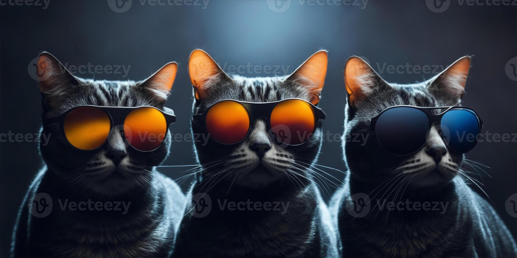 Three cats with sunglasses on dark background. photo