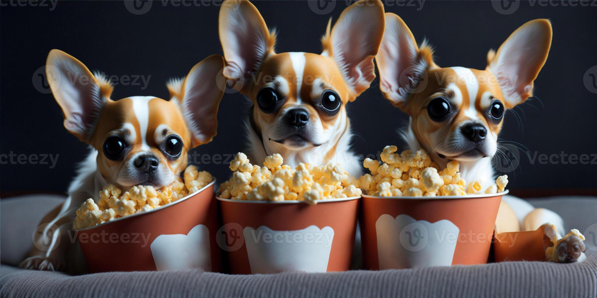 Three cute chihuahua with popcorn watching a movie in cinema. photo