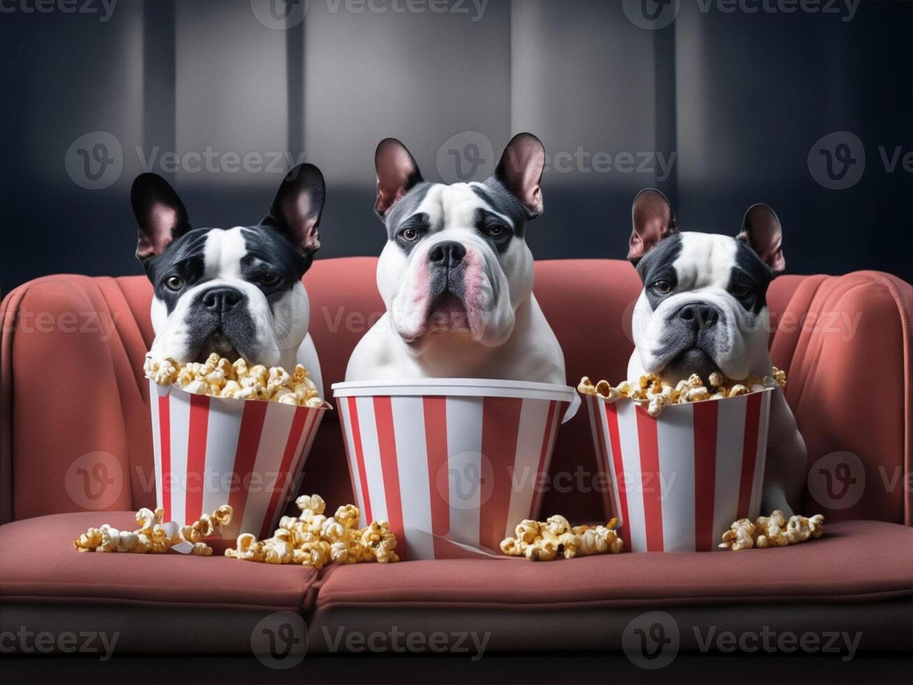 Three French bulldog with popcorn watching a movie in cinema. photo