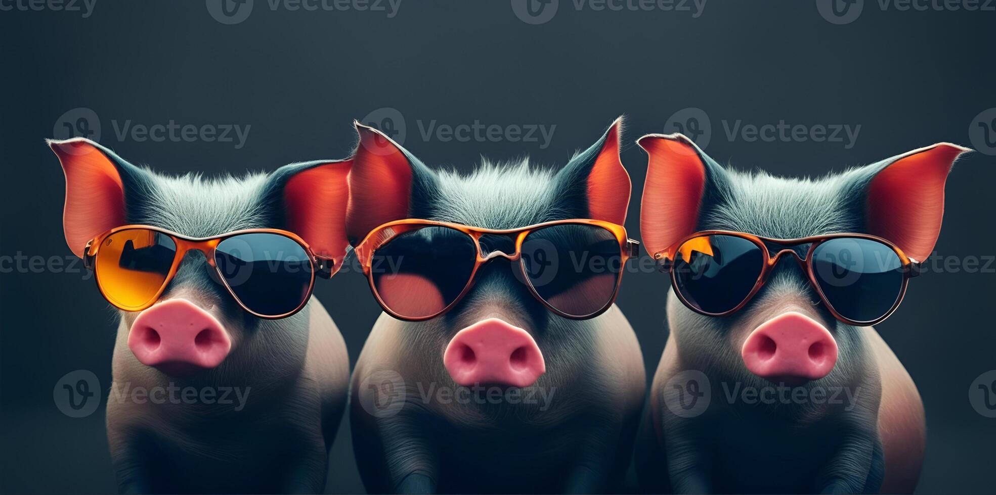 Three pig with sunglasses on dark background. photo