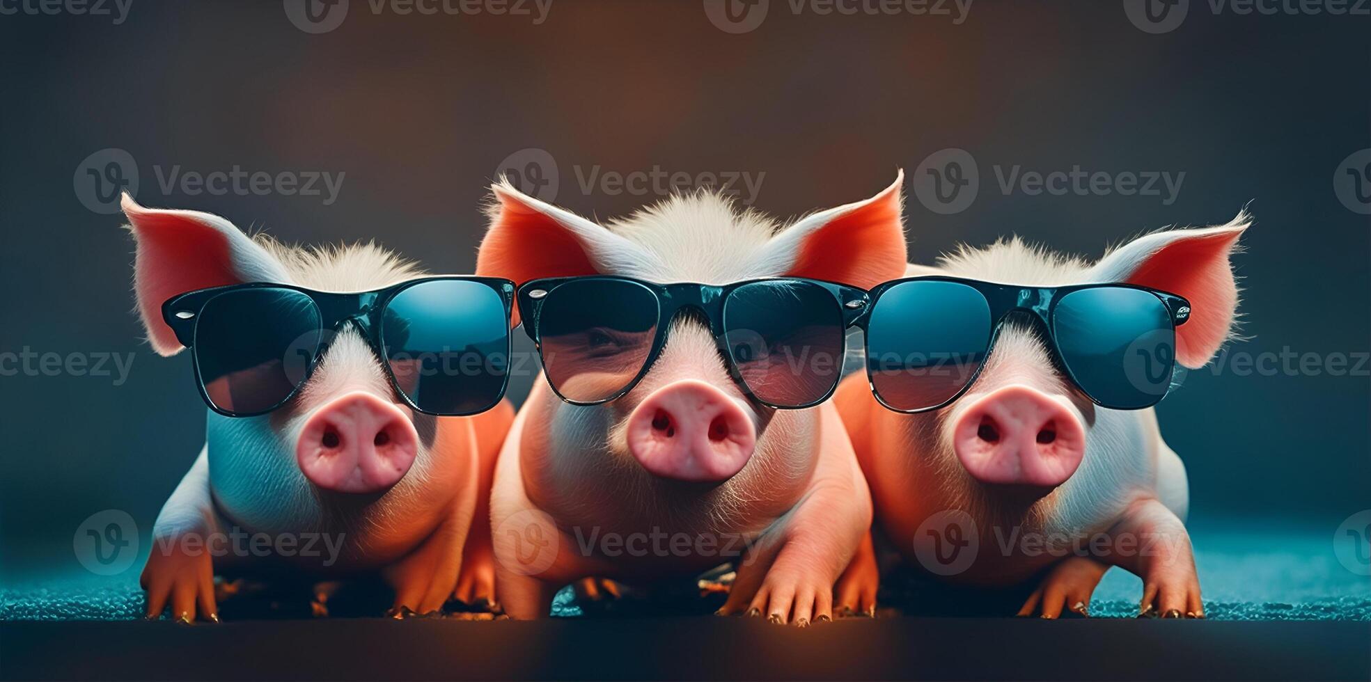 Three pig with sunglasses on dark background. photo