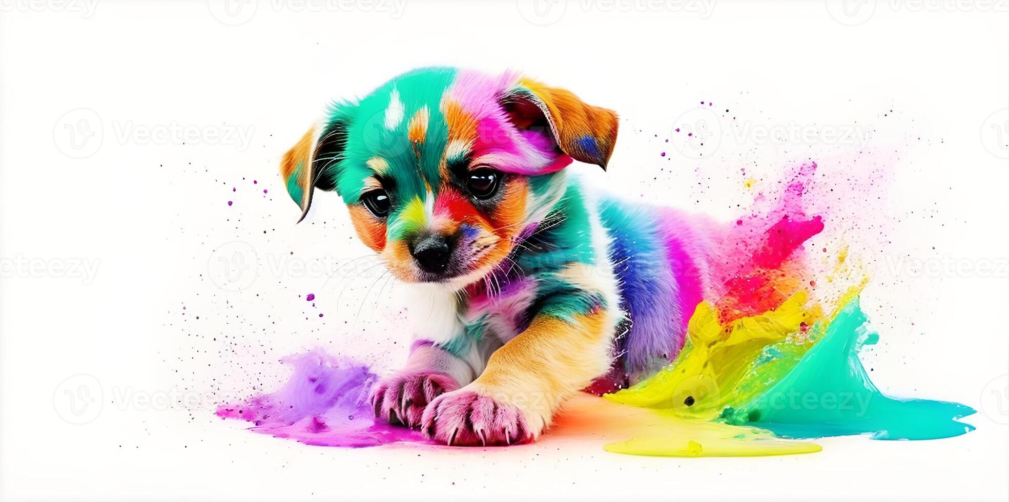 Puppy playing in colorful water color , dirty with color splash. . photo