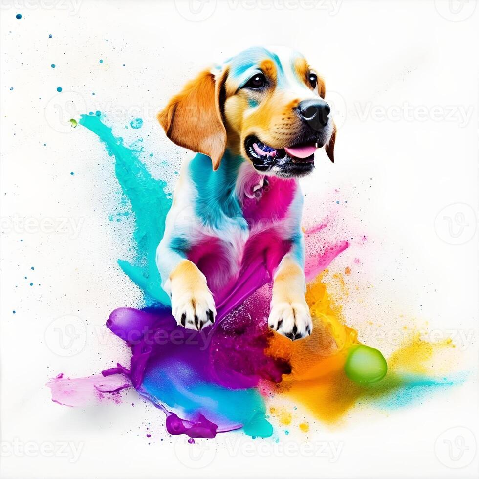 Puppy playing in colorful water color , dirty with color splash. . photo