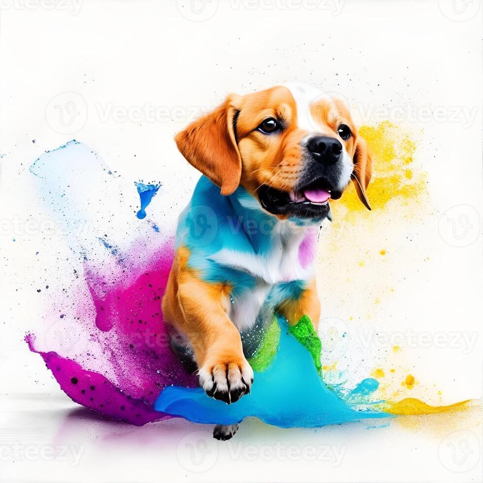 Puppy playing in colorful water color , dirty with color splash. . photo