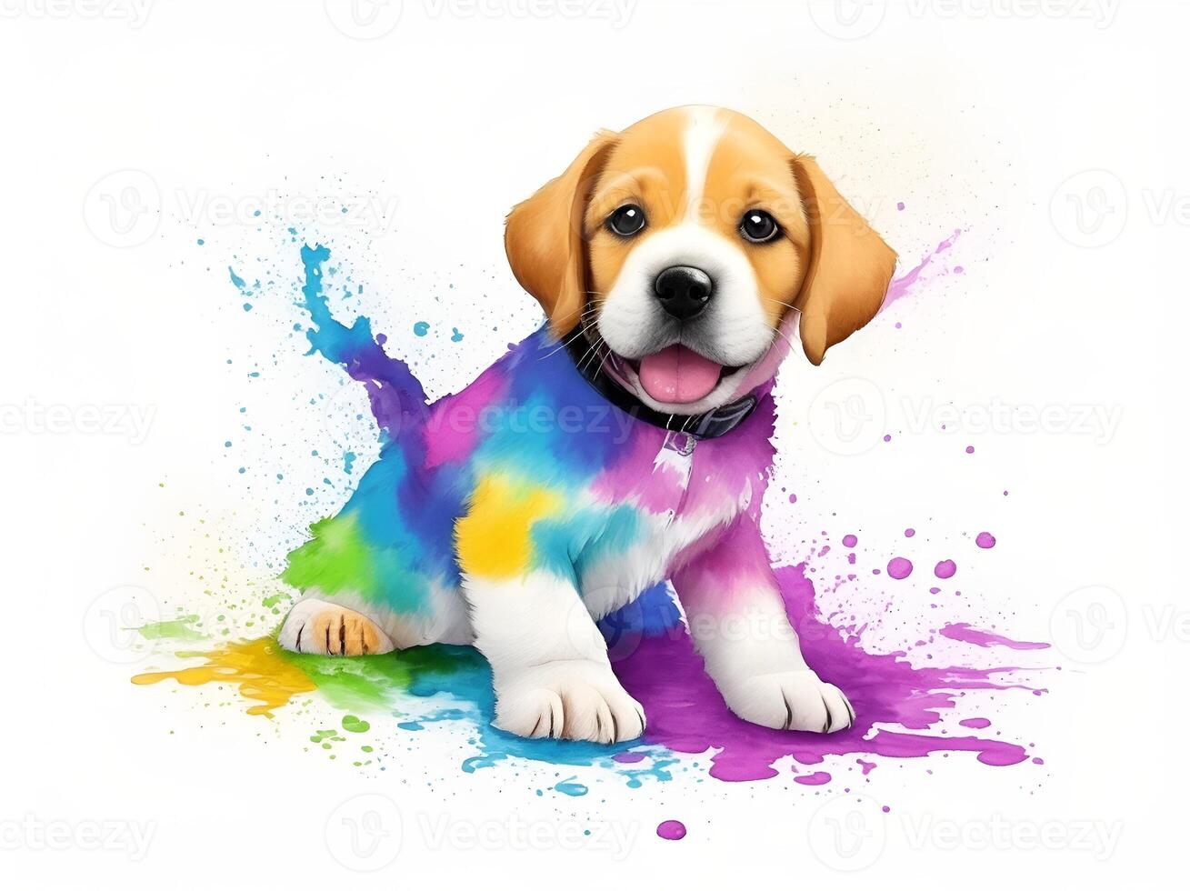 Puppy playing in colorful water color , dirty with color splash. . photo