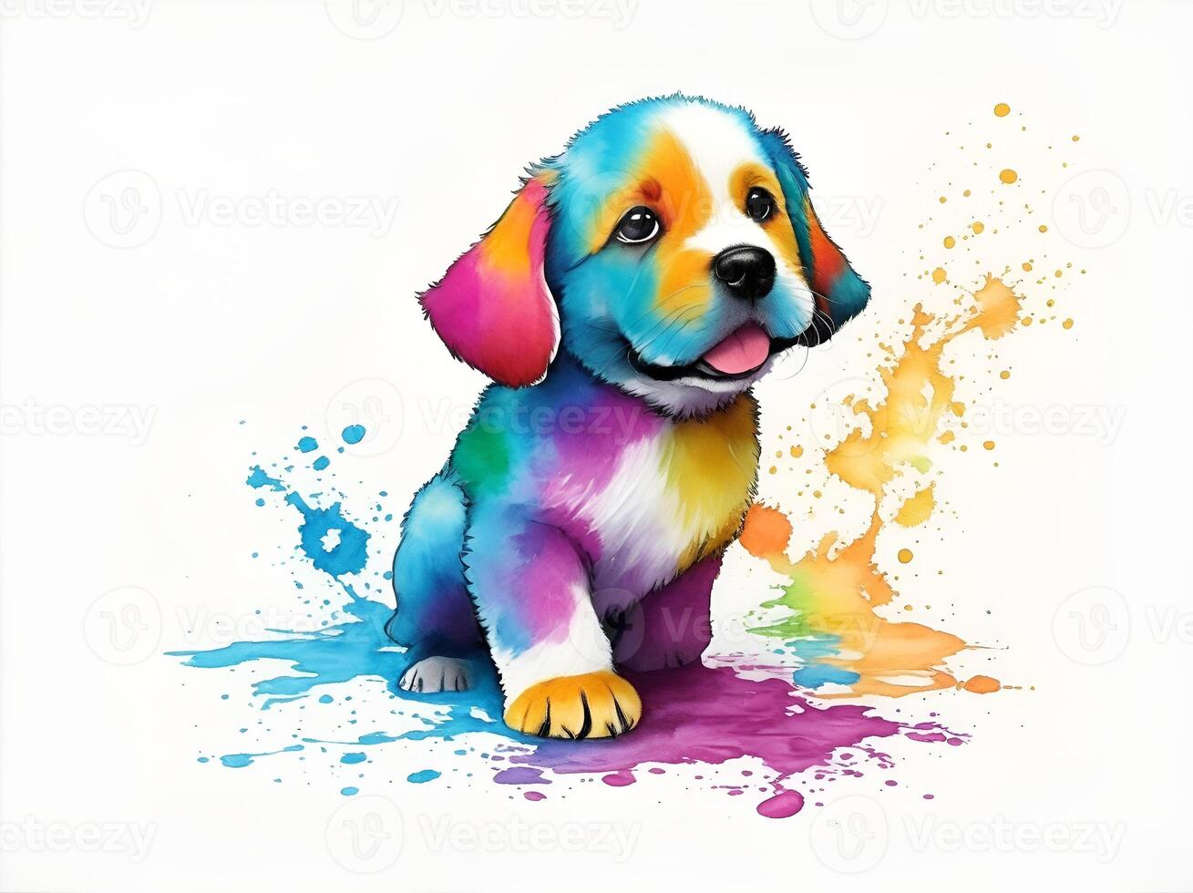 Puppy playing in colorful water color , dirty with color splash. . photo