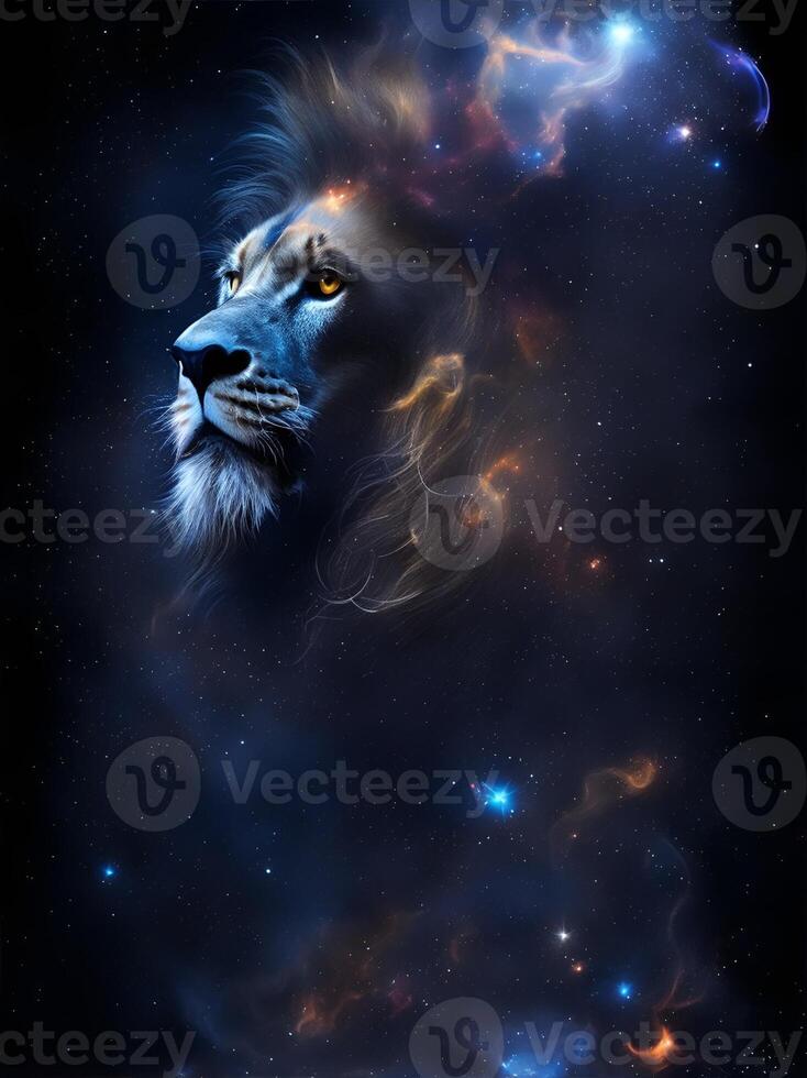 Lion in space nebula, water ink. . photo