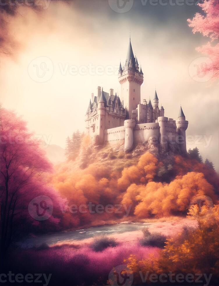 castillo, natural reflejos, brillante colores, realista amplio ángulo, místico ambiente. ai generado. foto