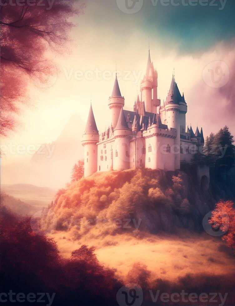 castillo, natural reflejos, brillante colores, realista amplio ángulo, místico ambiente. ai generado. foto