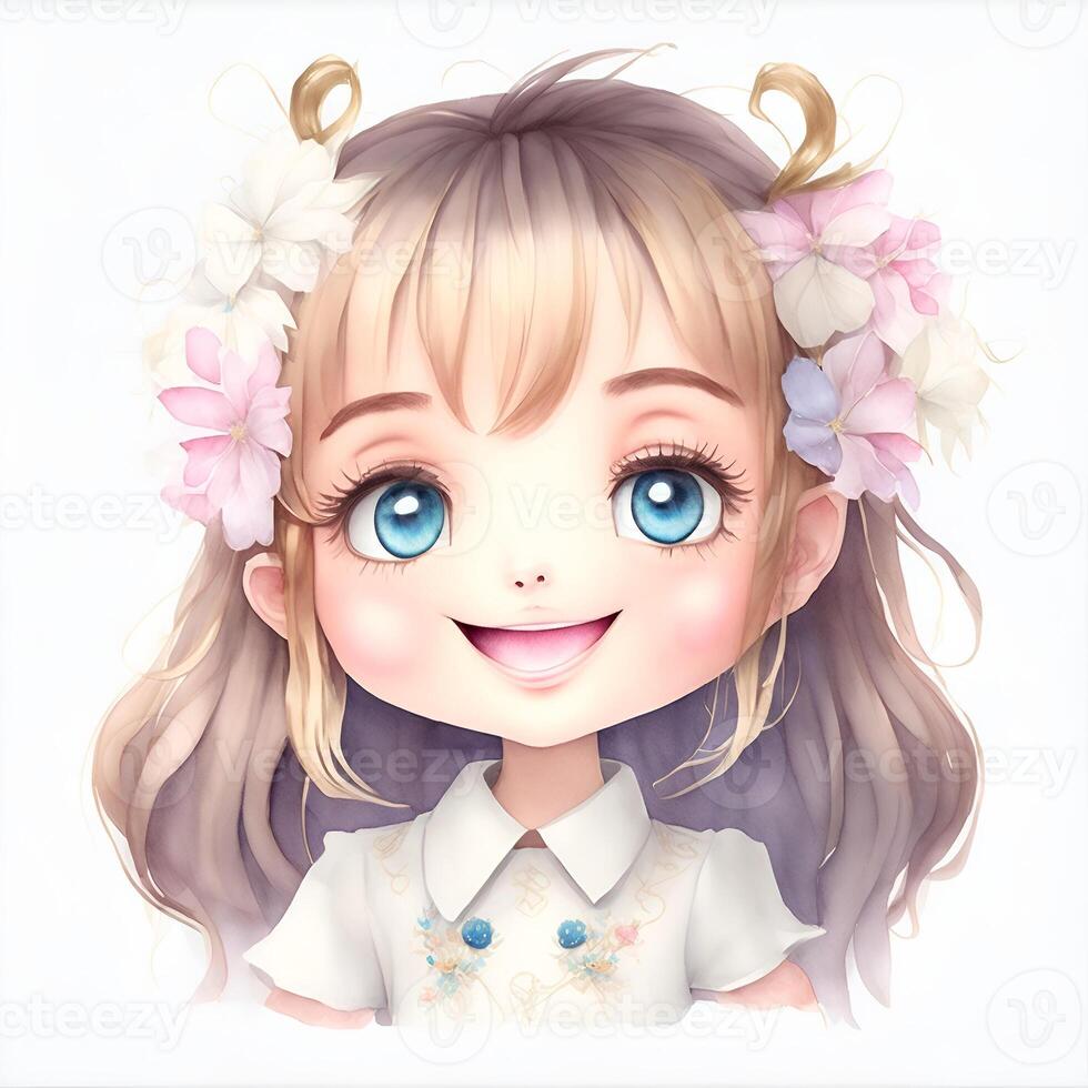 Face of Kawaii girl, smiling, Watercolor Clipart . photo