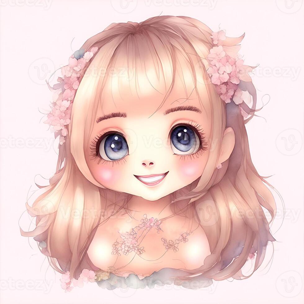 Face of Kawaii girl, smiling, Watercolor Clipart . photo