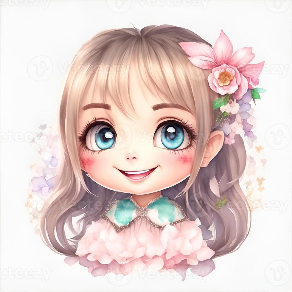 Face of Kawaii girl, smiling, Watercolor Clipart . photo