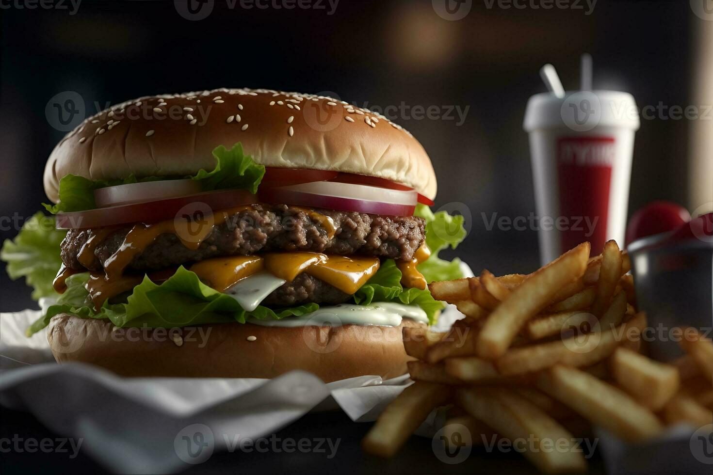 Tasty burger with French fries. AI Generated photo