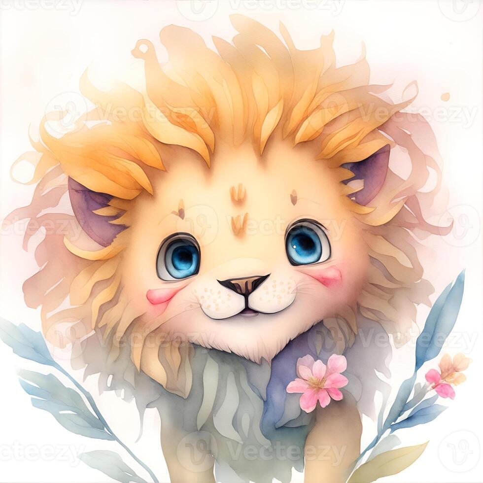 Face of Kawaii lion smiling Watercolor Clipart HAPPY. AI Generated photo