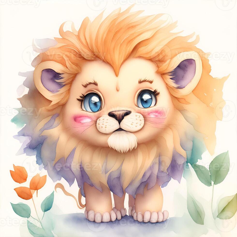 Face of Kawaii lion smiling Watercolor Clipart HAPPY. AI Generated photo