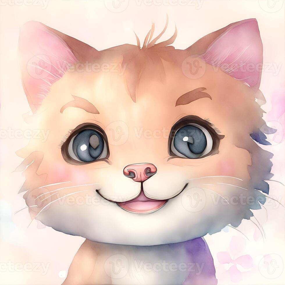 Face of Kawaii puma smiling Watercolor Clipart HAPPY. photo